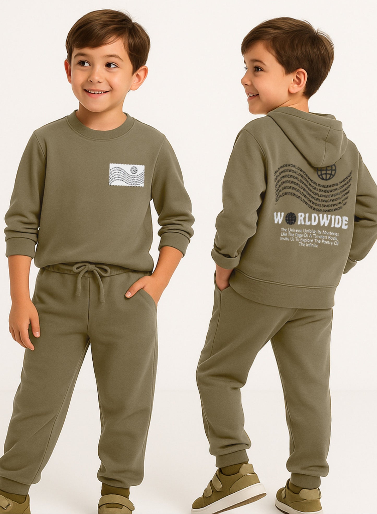 Boys Olive Green Printed Utility Fleece Tracksuit - Sweatshirt with Crossbody Bag Print