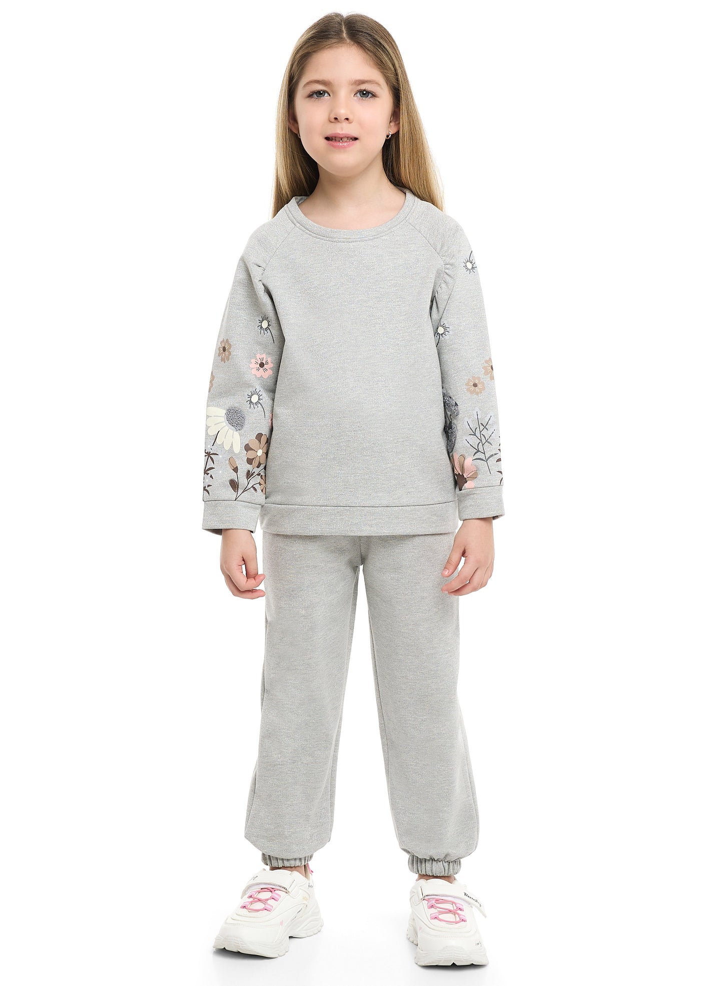 Girls Floral Sleeve Fleece Tracksuit – Light Grey 2-Piece Set