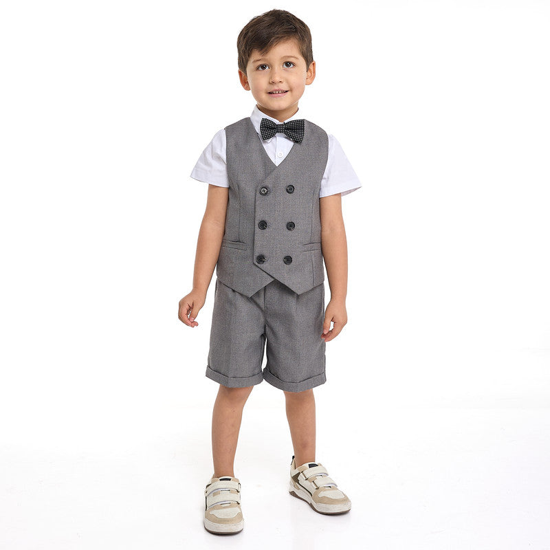 Gray Waistcoat And Short Set With Shirt And Bow Tie