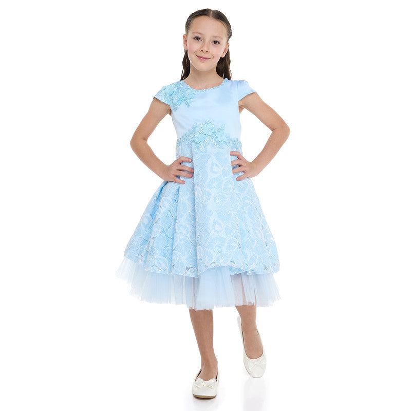 Chic Sky Blue Satin & Lace Party Dress With Mesh & Decoration