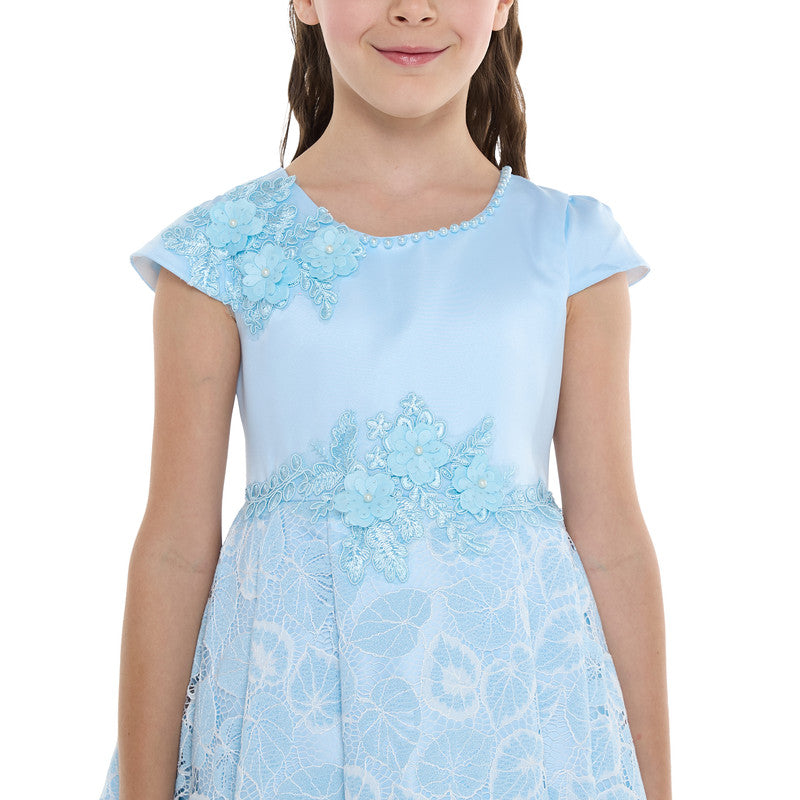 Chic Sky Blue Satin & Lace Party Dress With Mesh & Decoration