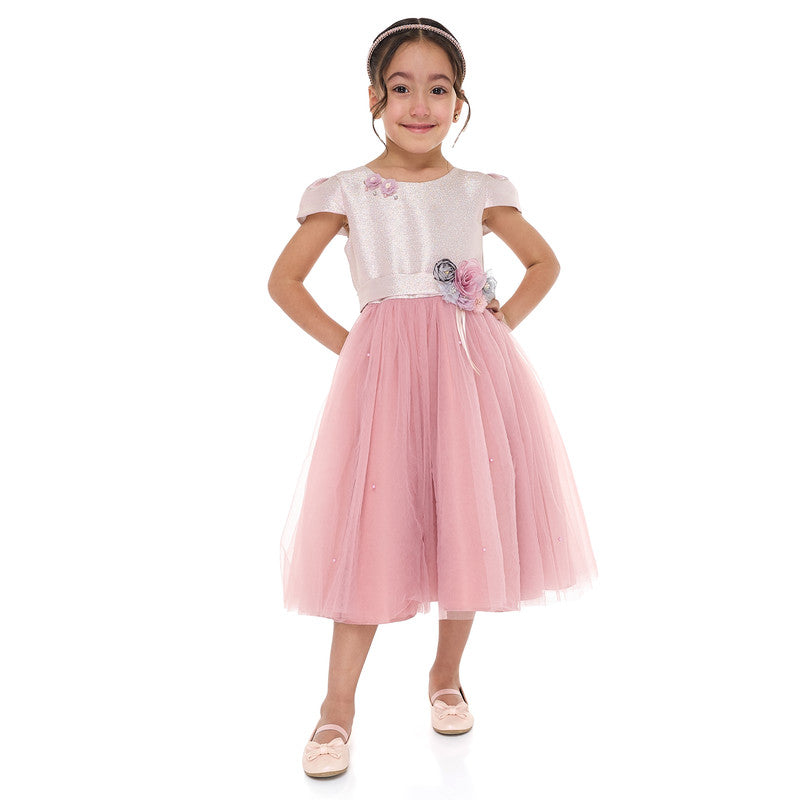 Girls Old Rose Jacquard & Tulle Dress With Flower Decoration
