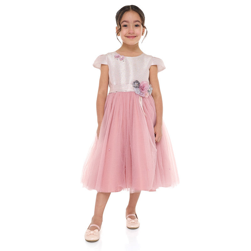 Girls Old Rose Jacquard & Tulle Dress With Flower Decoration