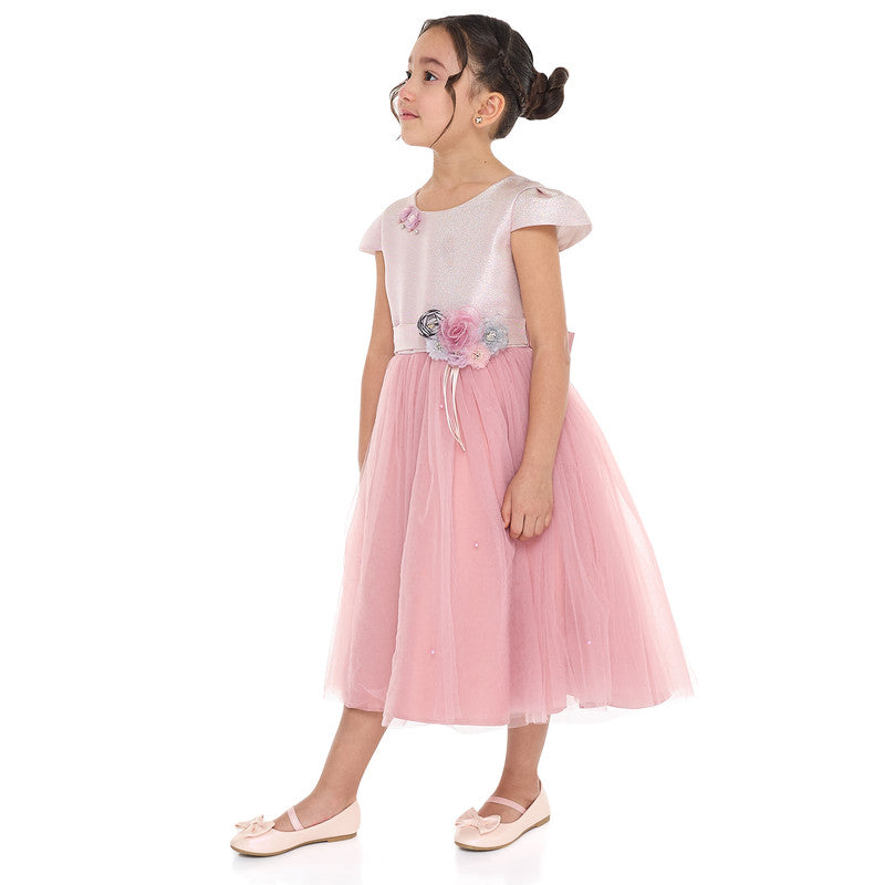 Girls Old Rose Jacquard & Tulle Dress With Flower Decoration