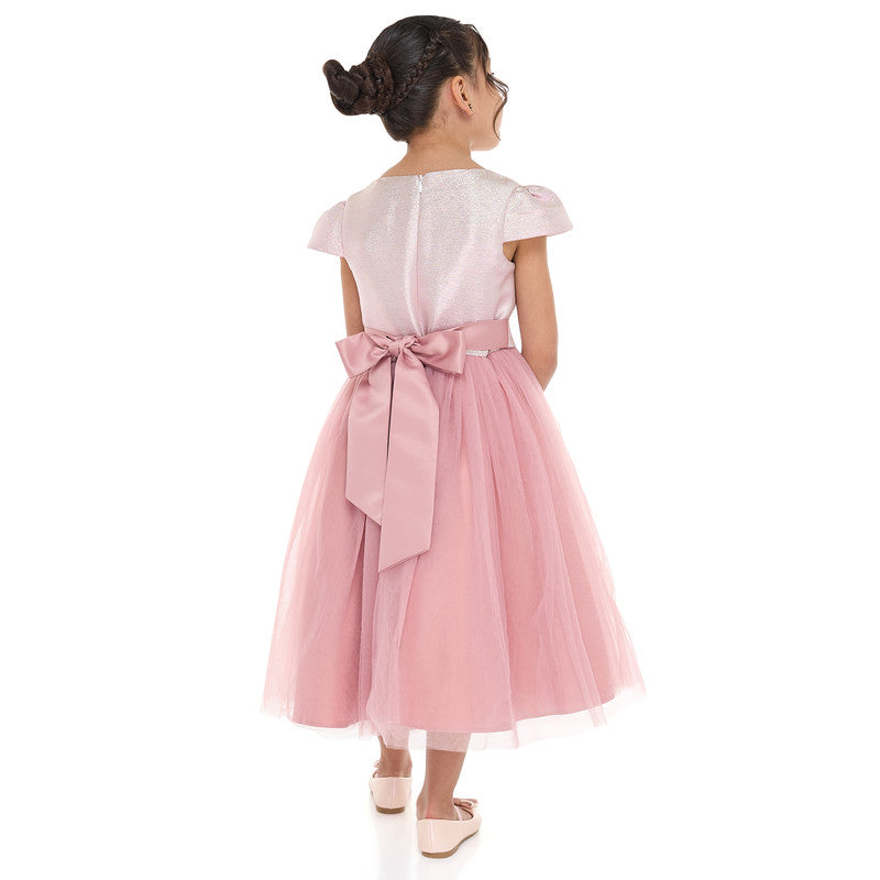 Girls Old Rose Jacquard & Tulle Dress With Flower Decoration