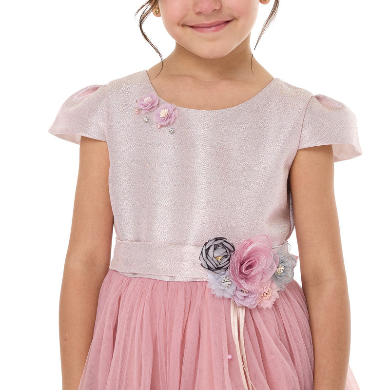 Girls Old Rose Jacquard & Tulle Dress With Flower Decoration