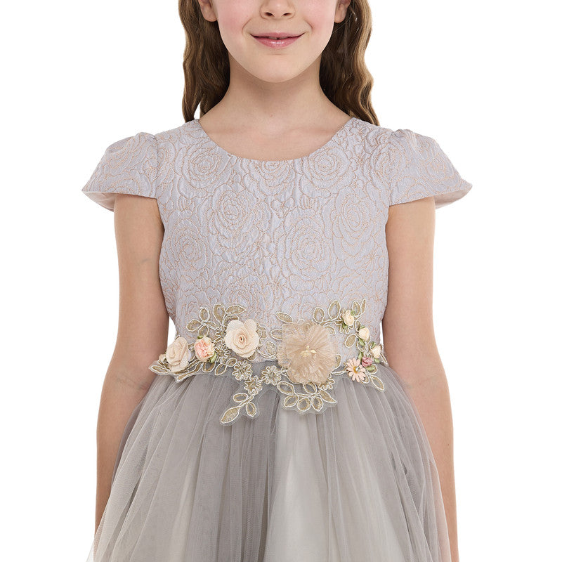 Grey/Gold Jacquard And Tulle Dress With Lace