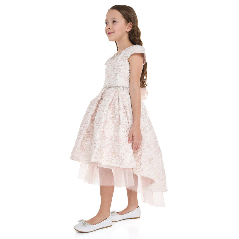 Pink/Gold Jacquard High Low Tail Dress With Tulle Mesh