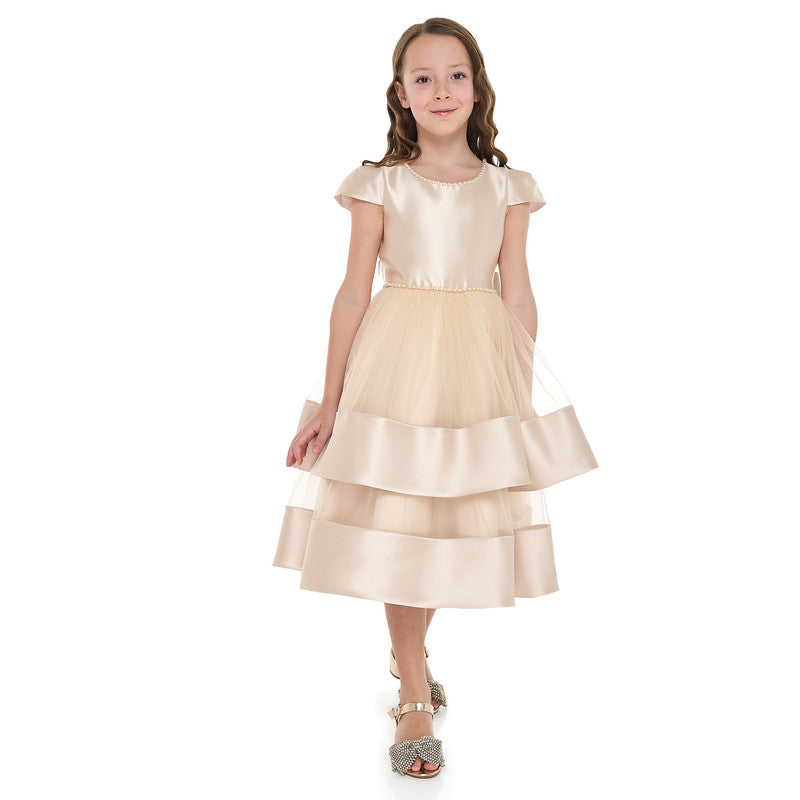Chic Champagne Satin Party Dress With Mesh & Decoration