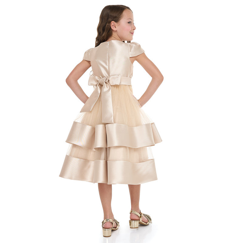 Chic Champagne Satin Party Dress With Mesh & Decoration