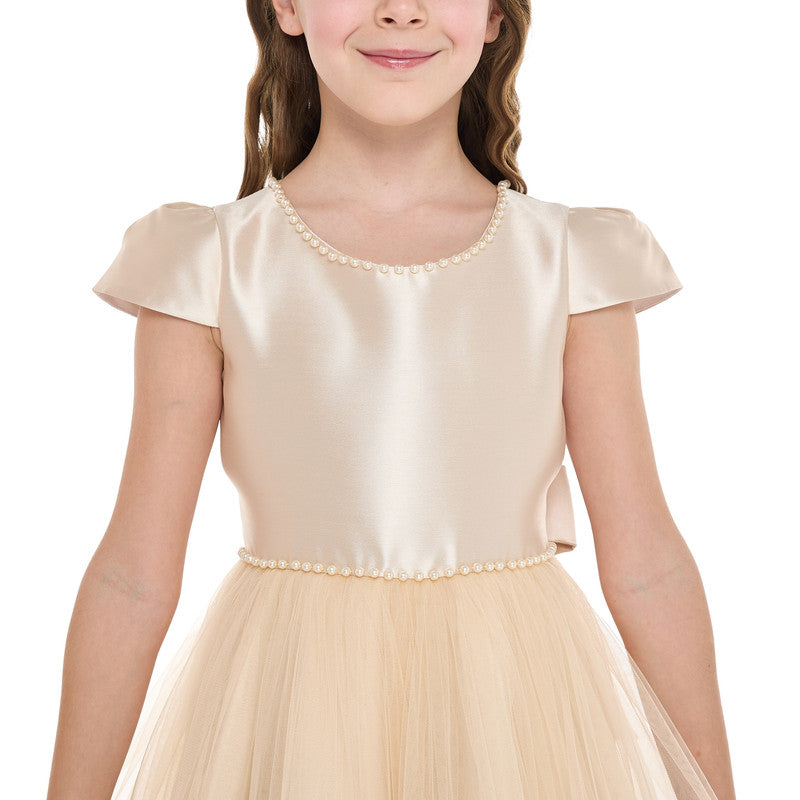 Chic Champagne Satin Party Dress With Mesh & Decoration