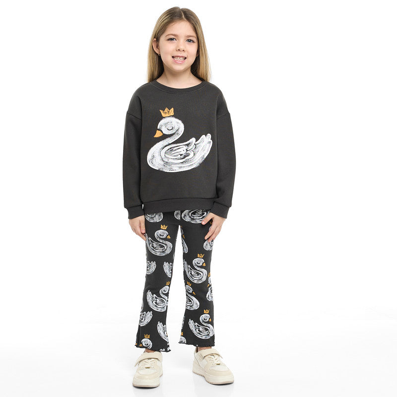 Girls Crowned Swan Fleece Tracksuit – Black 2-Piece Set