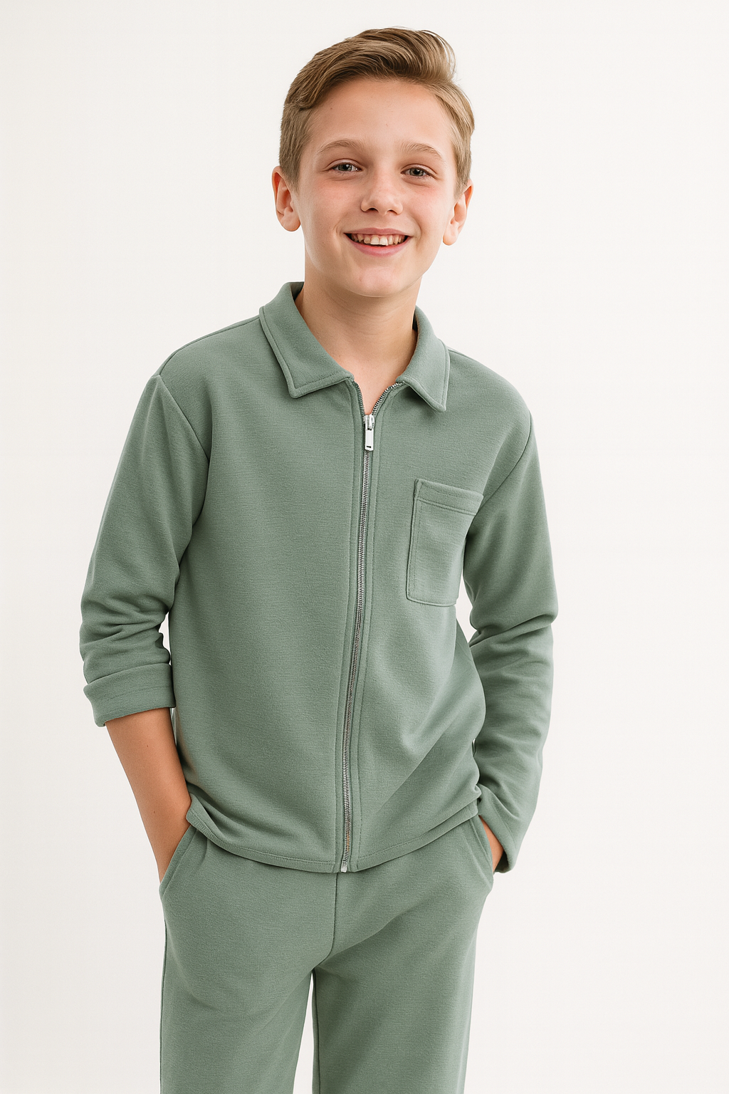 Boys Olive Green Twill Co-ord Set | Zipper Shirt & Jogger Pant | Kids Utility Style Outfit