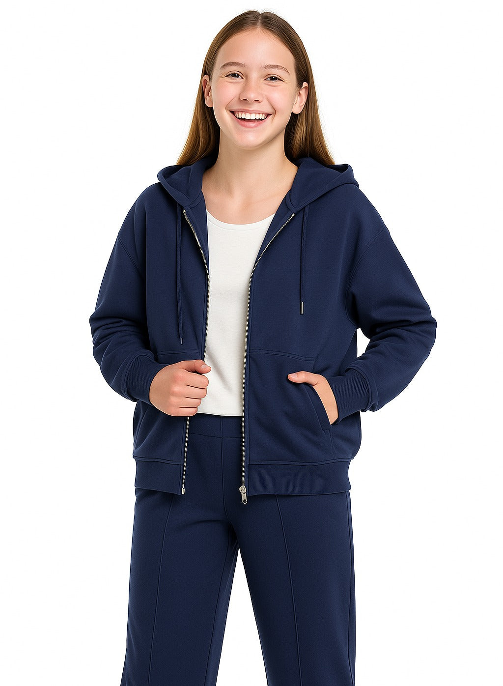 Girls 2 Piece Set- Navy Zip-Up Hoodie & Wide-Leg Trousers Set