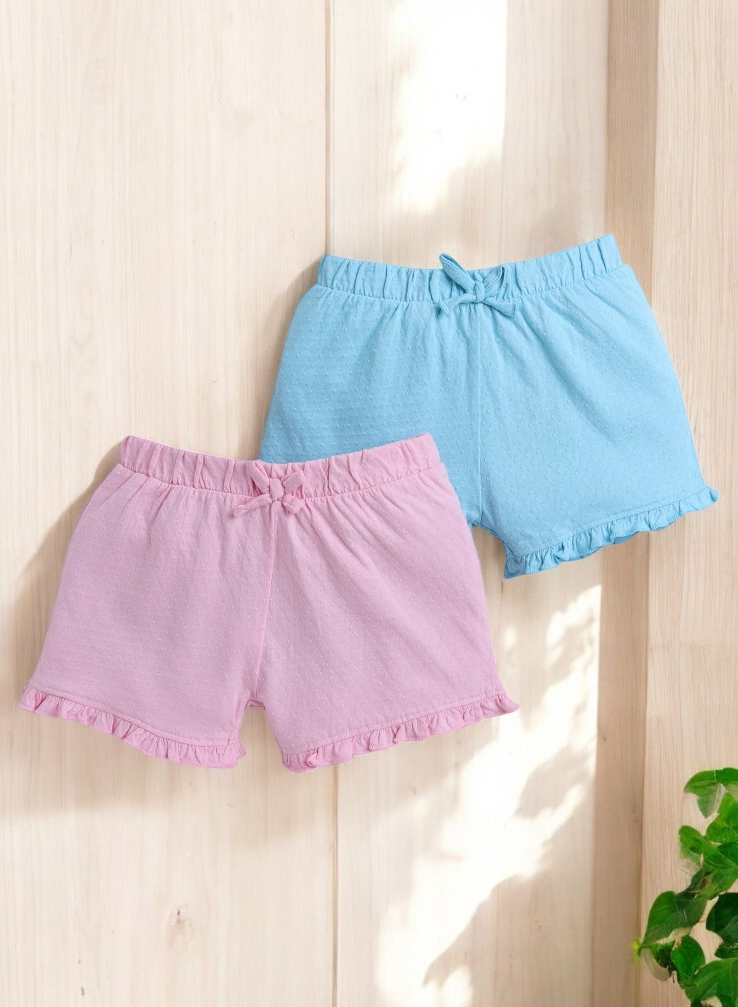 Victor and Jane Girls' Jacquard Shorts with Elasticated Waistband and Ruffle Trim- Pink and Blue-Pack of 2