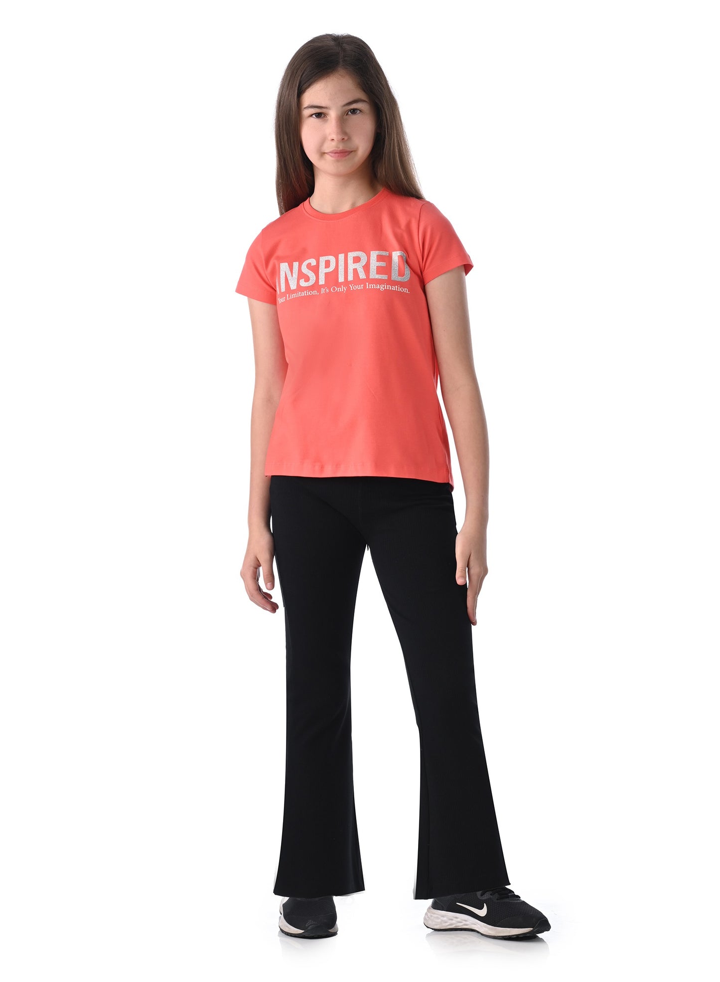 2 Pc Set with Slogan Print Stylish Top and Flared Solid Leggings