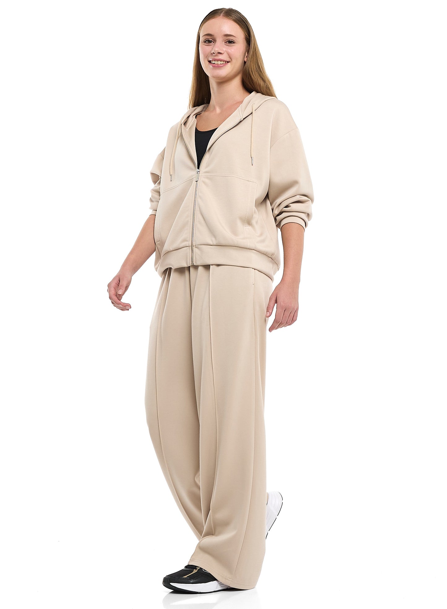Ladies 2 Piece Set- Beige Zip-Up Hoodie & Wide-Leg Trousers Set