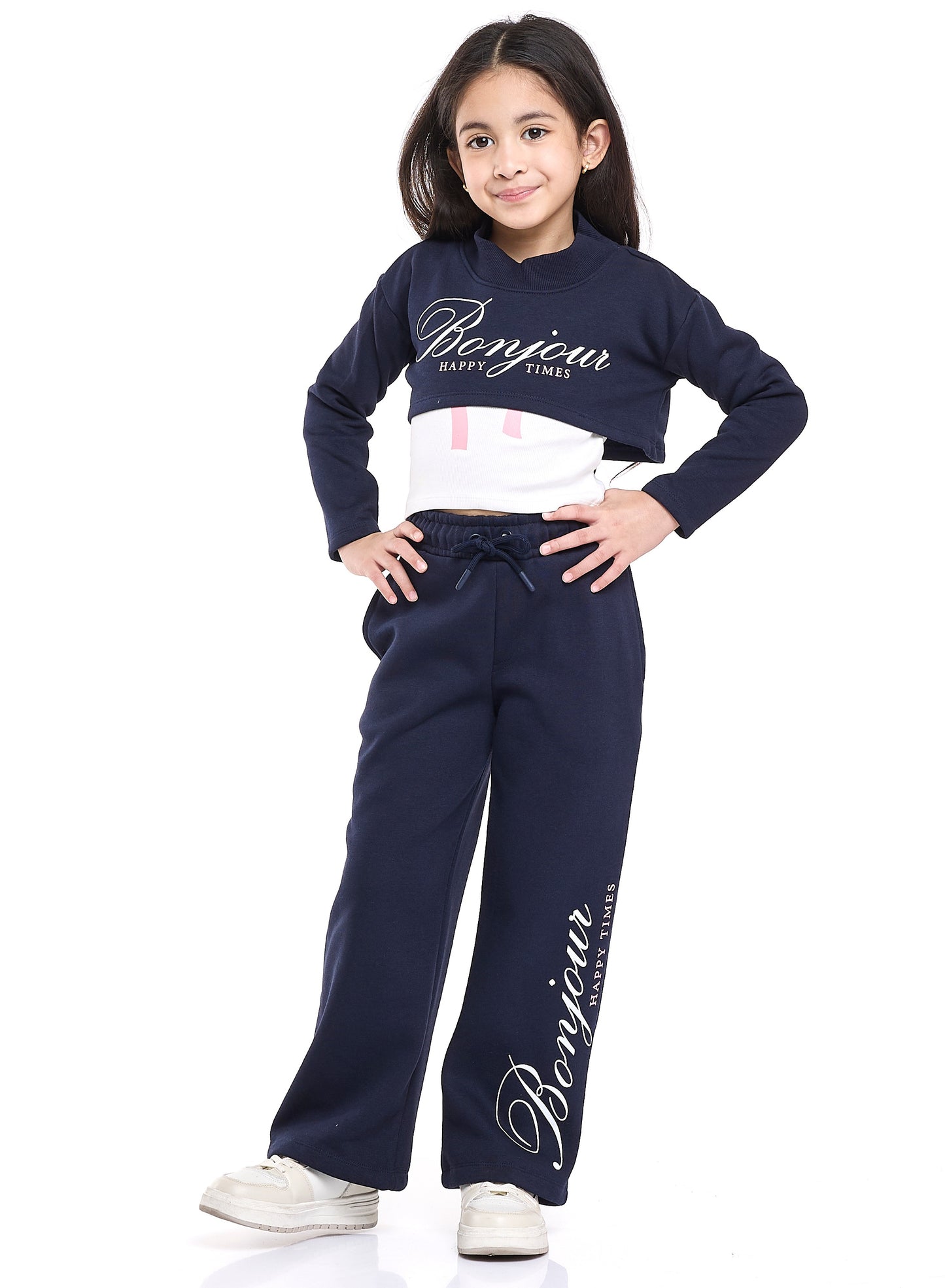 Junior Girls Bonjour 3-Piece Fleece Set – Navy & White