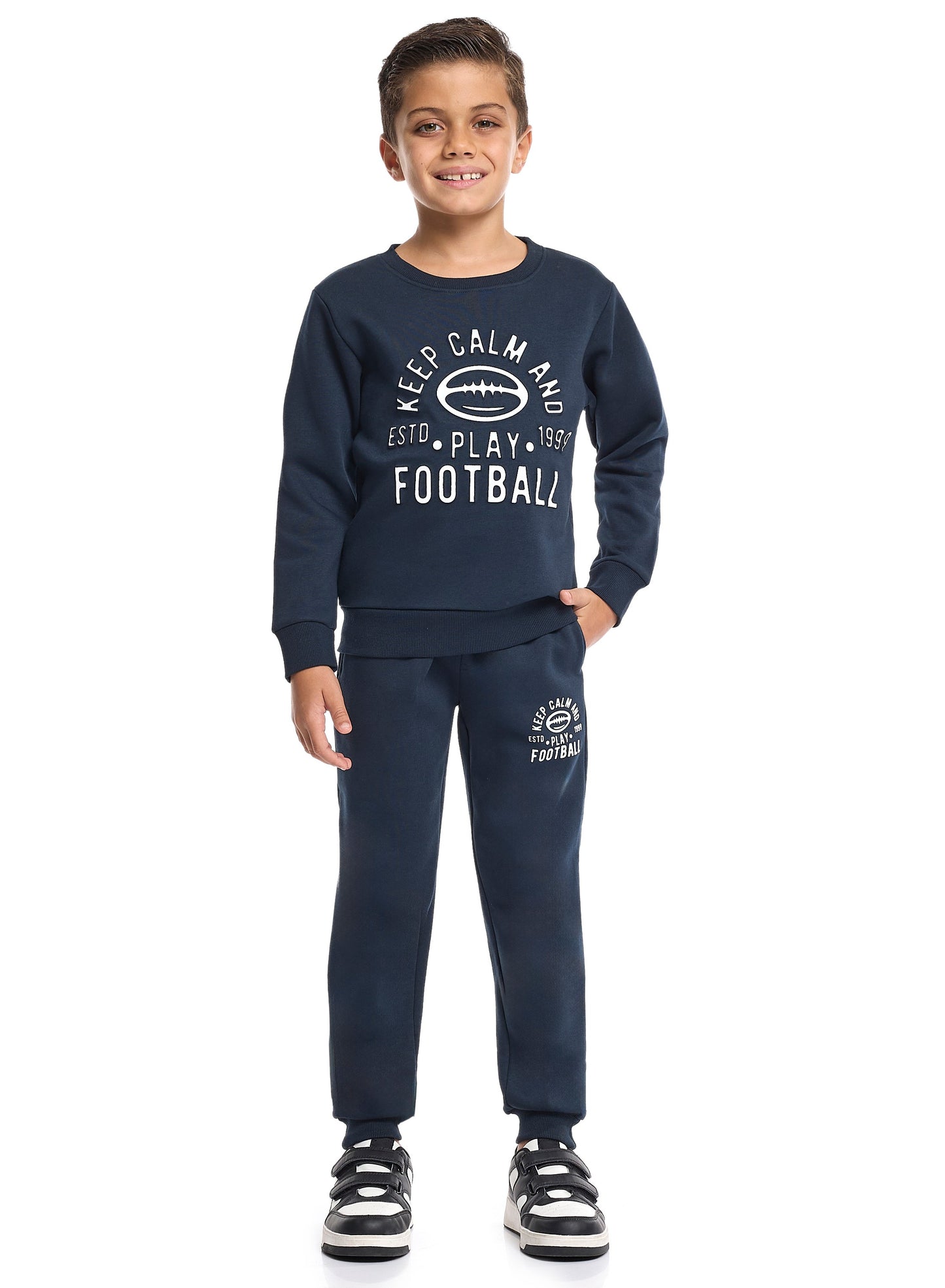 Boys’ Casual Tracksuit – Navy Blue Football Graphic Sweatshirt & Joggers