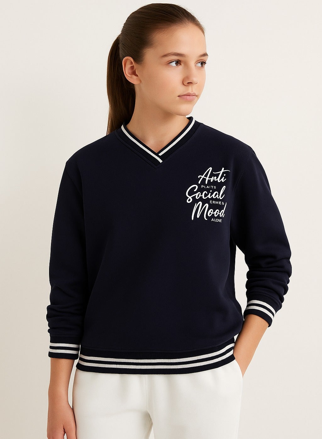 V-Neck "Anti Social Mood" Sweatshirt – Navy | 100% Cotton Fleece |