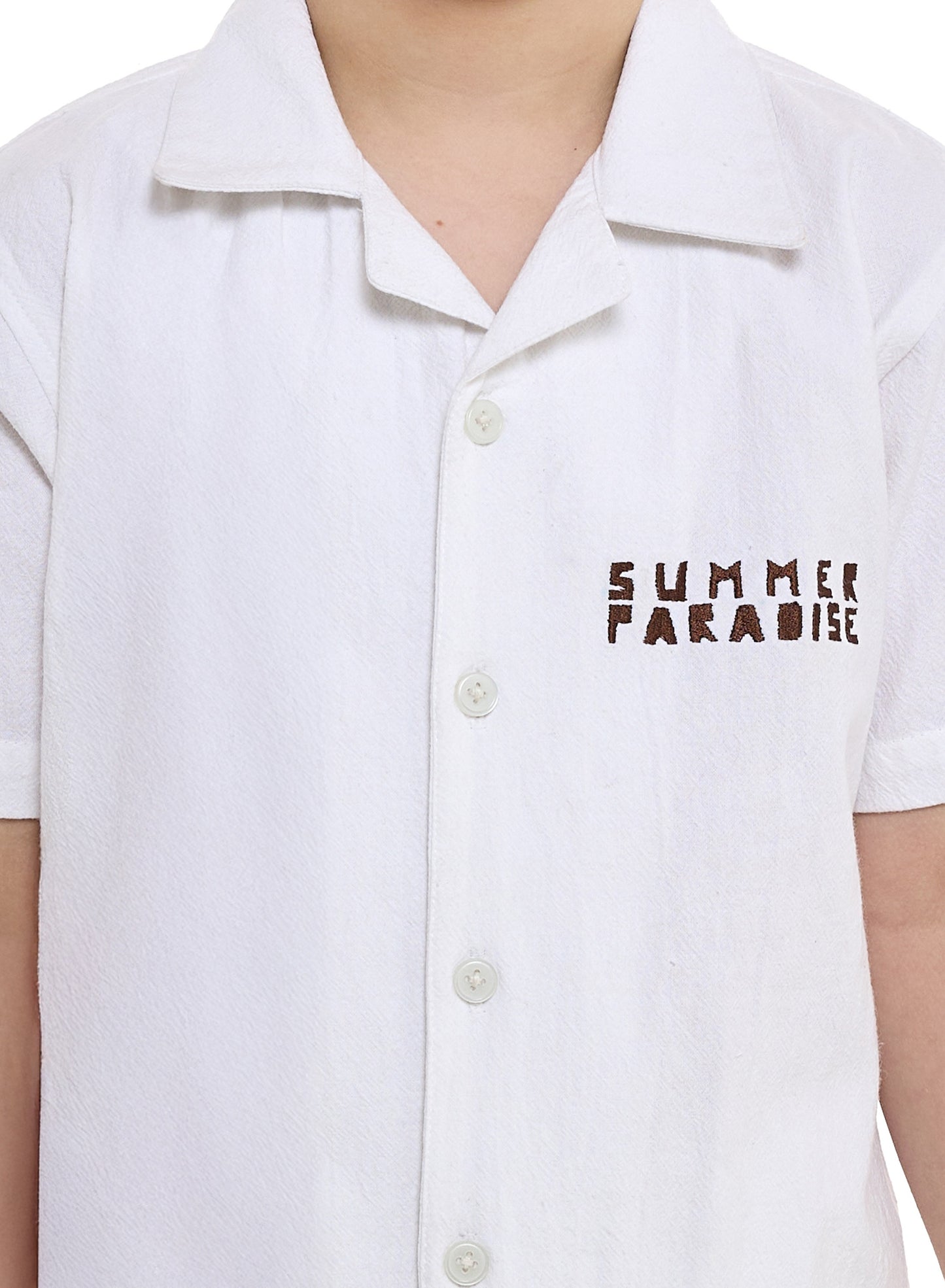 Boys' Casual Cotton Shirt & Shorts Set with Back Print – Short Sleeve Outfit - Off White