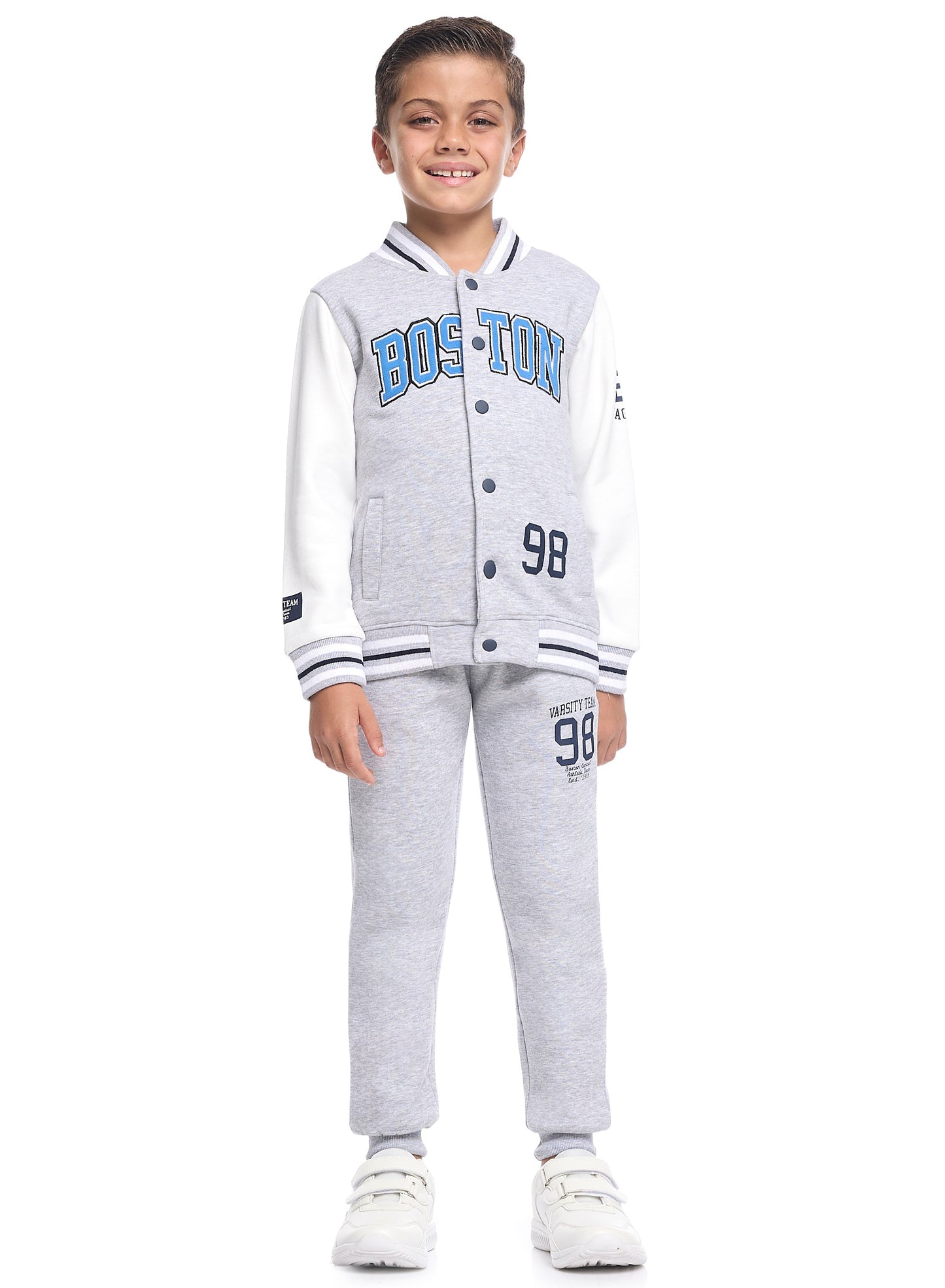 Boys’ Stylish Varsity Tracksuit – Grey Boston Print Jacket & Joggers