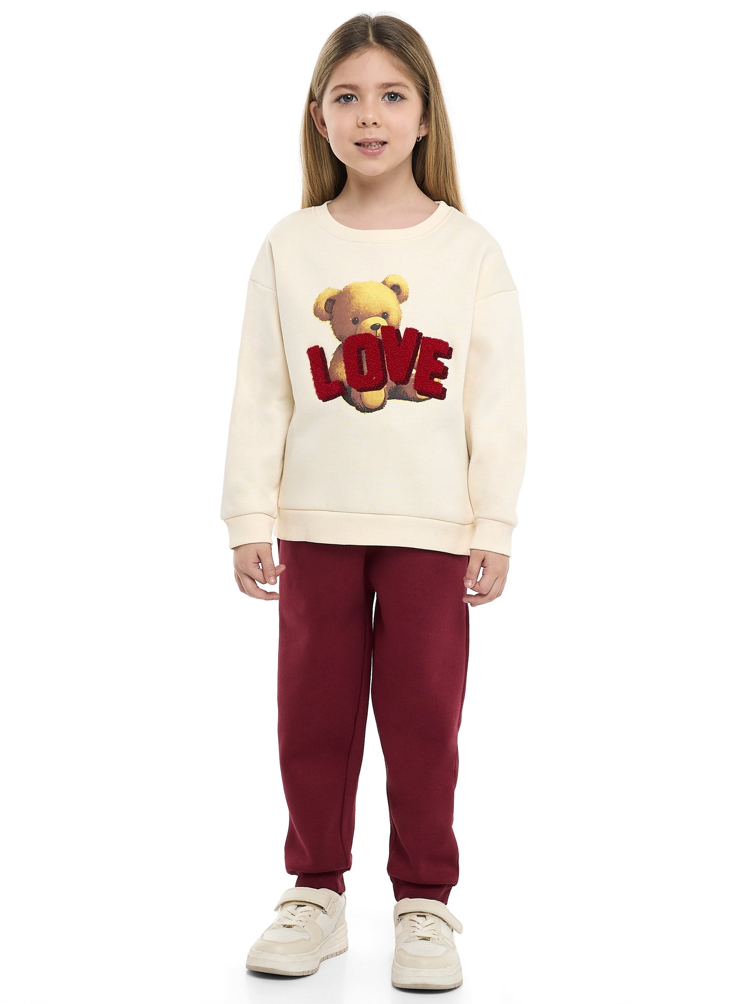 Girls Teddy Love Fleece Tracksuit – Cream & Burgundy 2-Piece Set