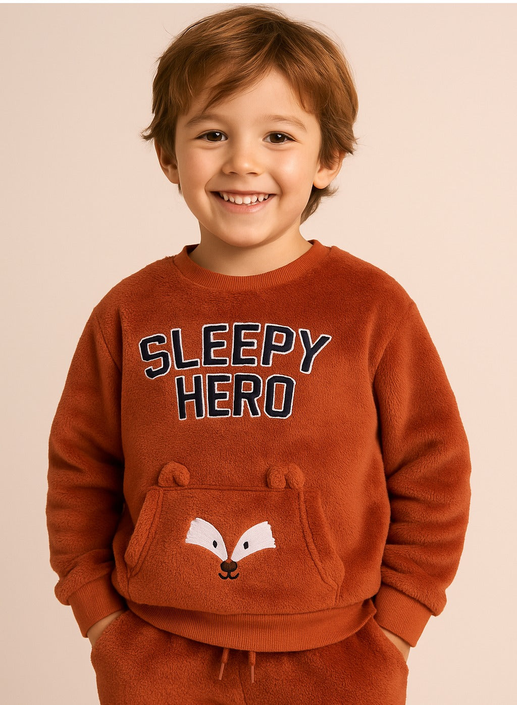 Boys Fleece Sweatshirt & Jogger Set with Fox Pocket (2–8 Years)