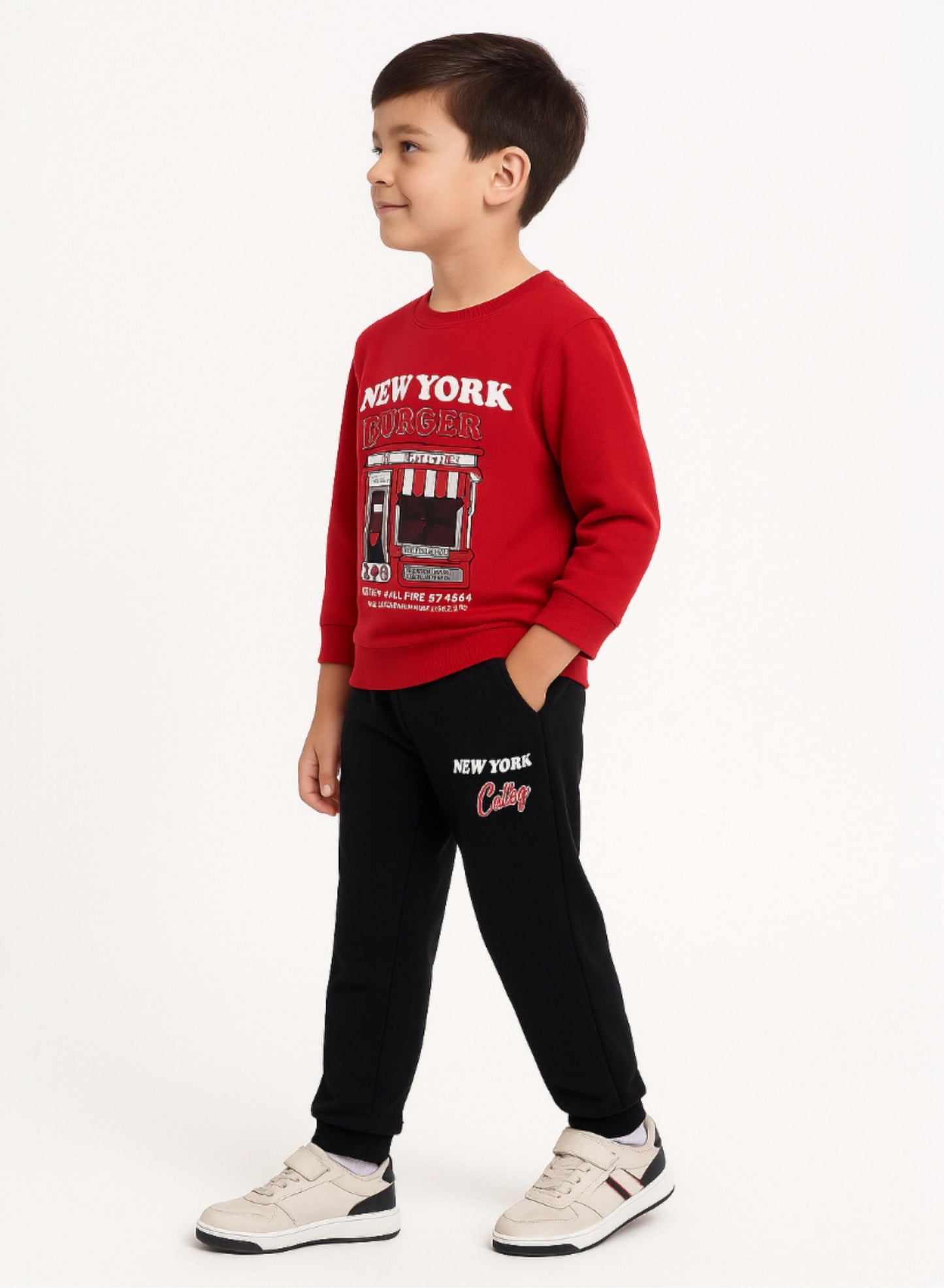 Boys’ Trendy Winter Tracksuit – Red Sweatshirt & Black Joggers with NYC Print