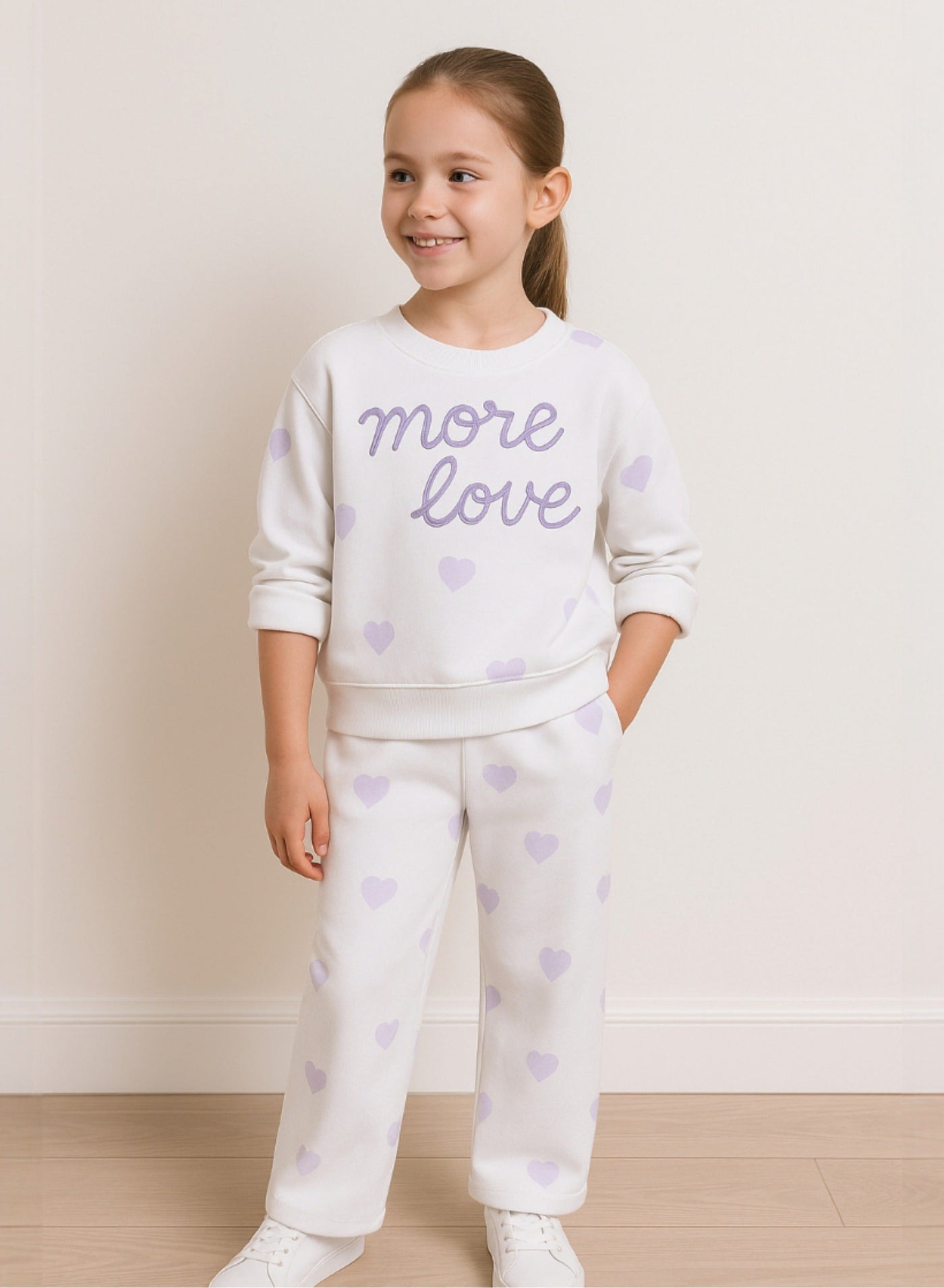 Girls More Love Heart-Print Fleece Tracksuit – Cream & Lavender 2-Piece Set