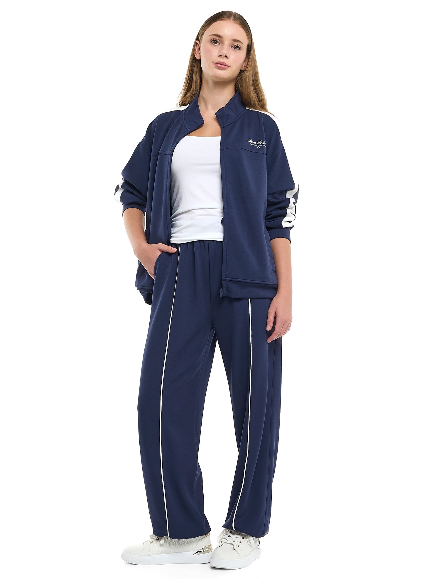 Ladies Navy Striped Track Set – Zip-Up Jacket & Joggers