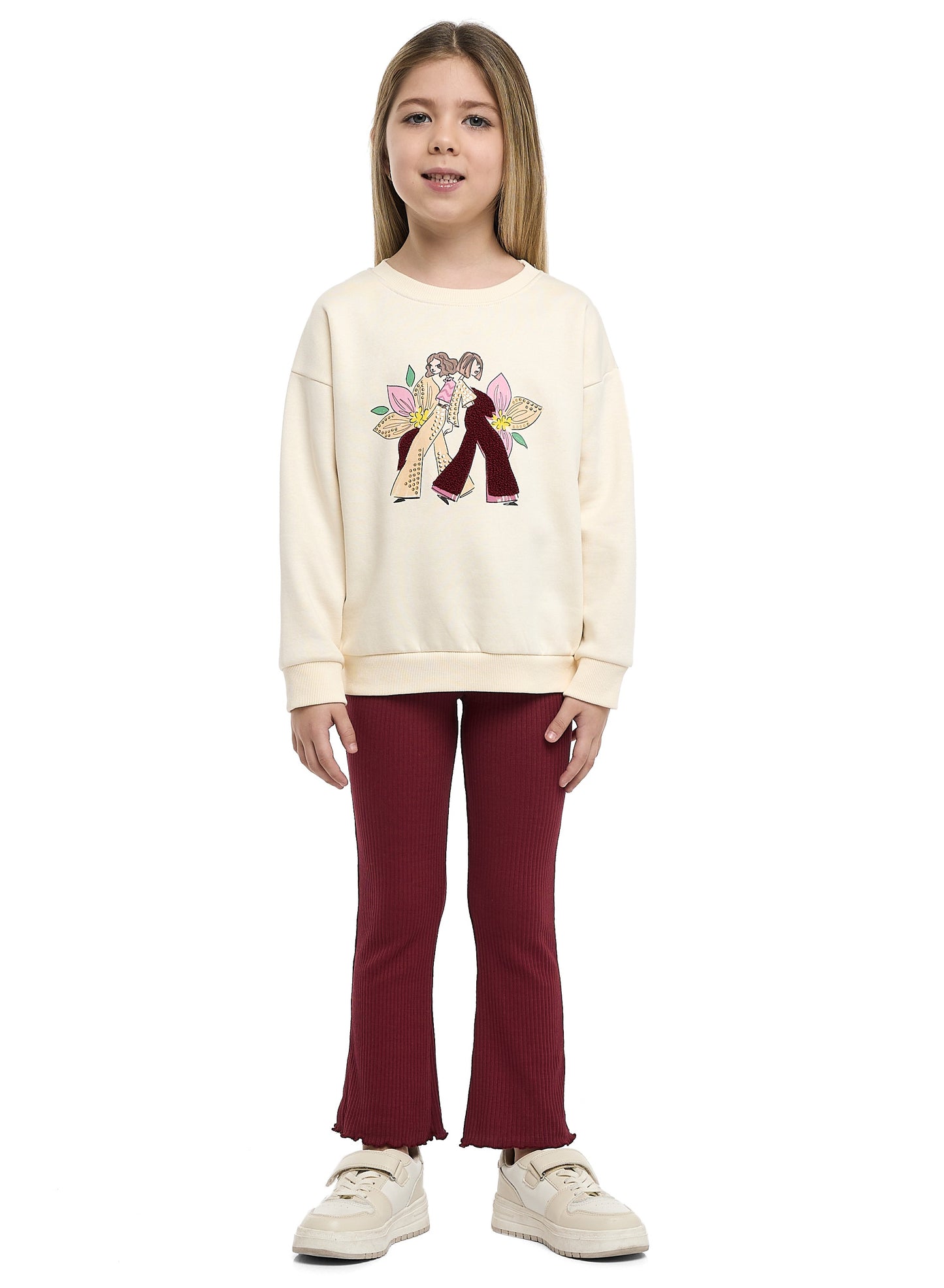 Girls Besties & Blooms Fleece Tracksuit – Cream & Plum 2-Piece Set
