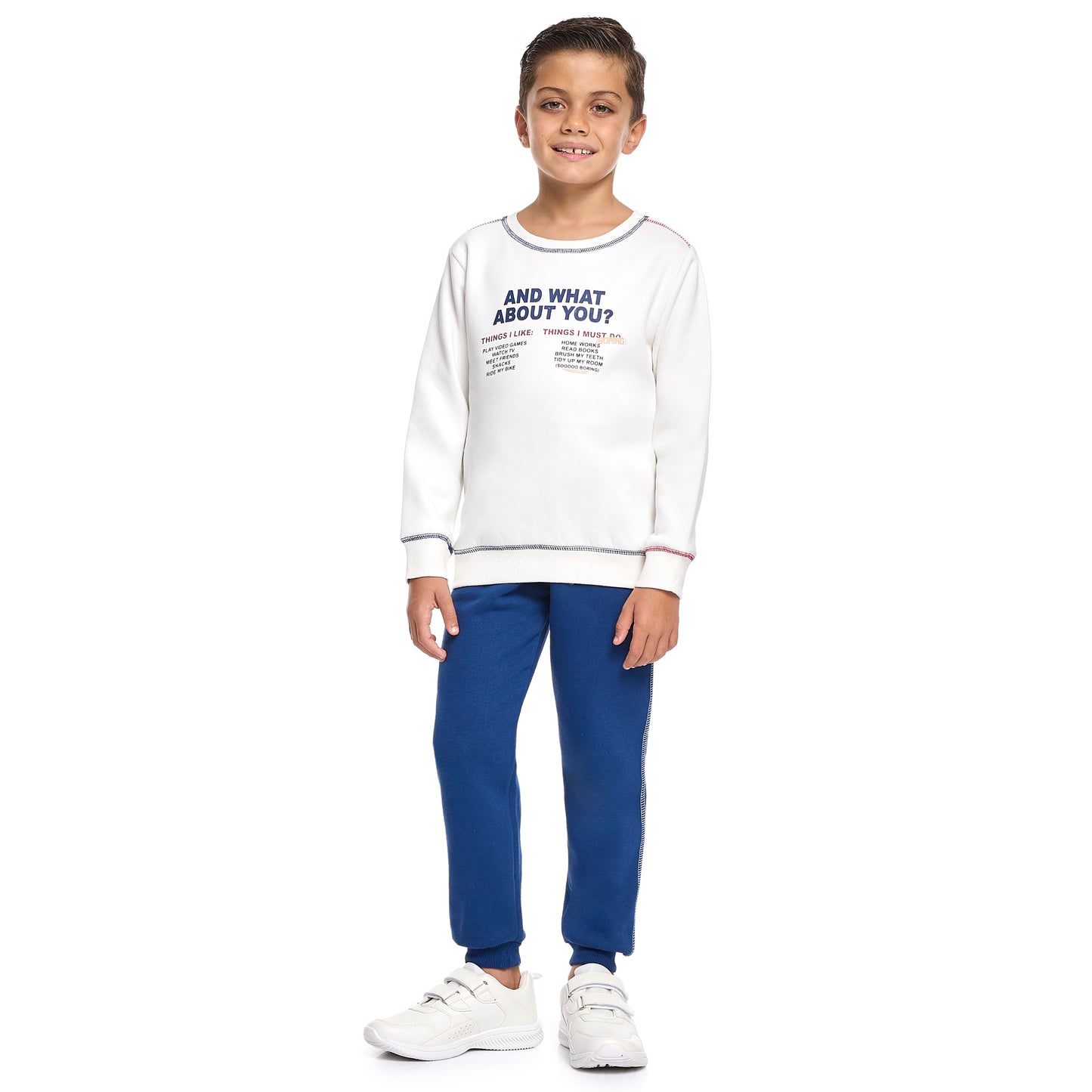 Boys Warm Cotton Fleece Set - White Long Sleeve Top & Navy Joggers