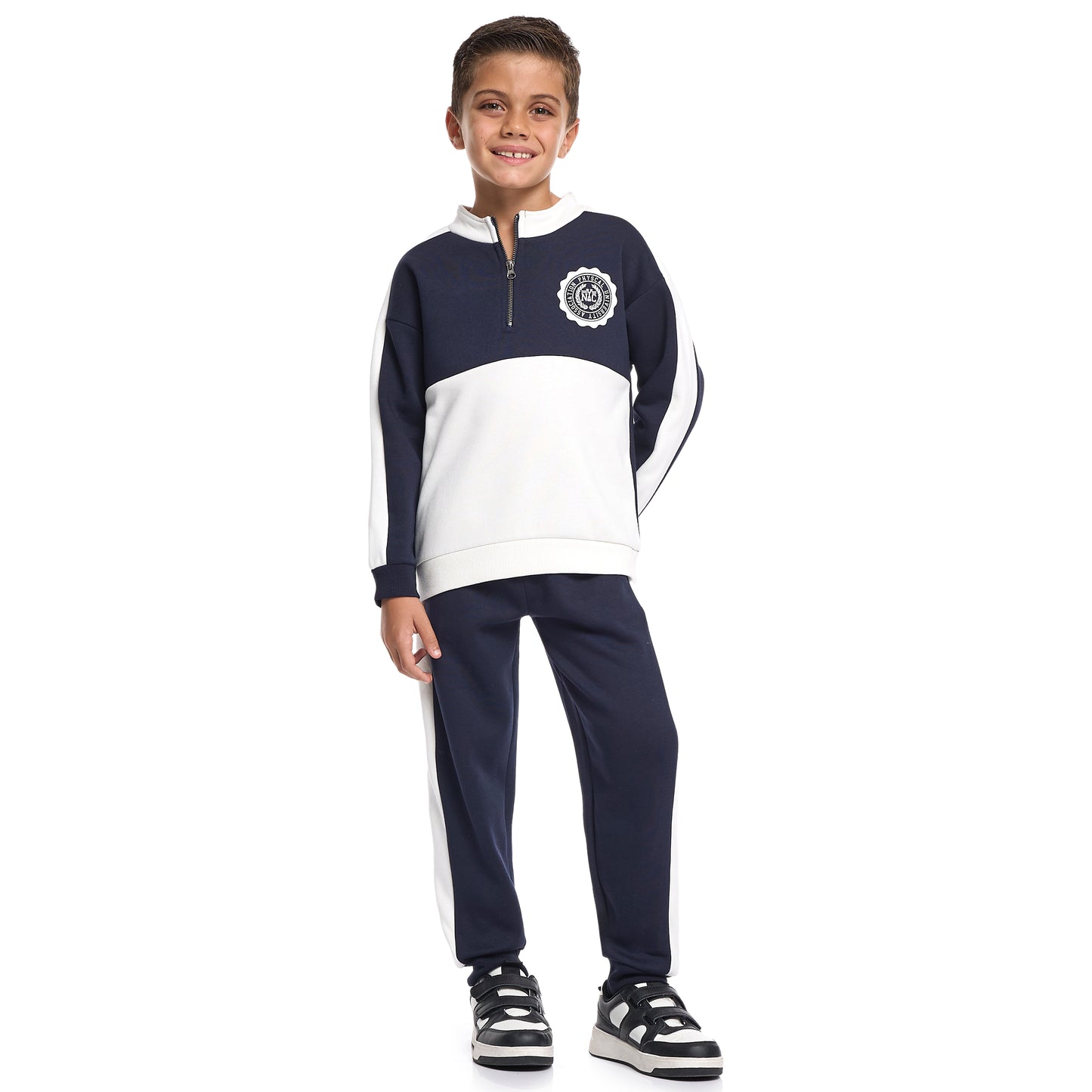Boys Zip-Neck Colourblock Fleece Tracksuit - Navy & White