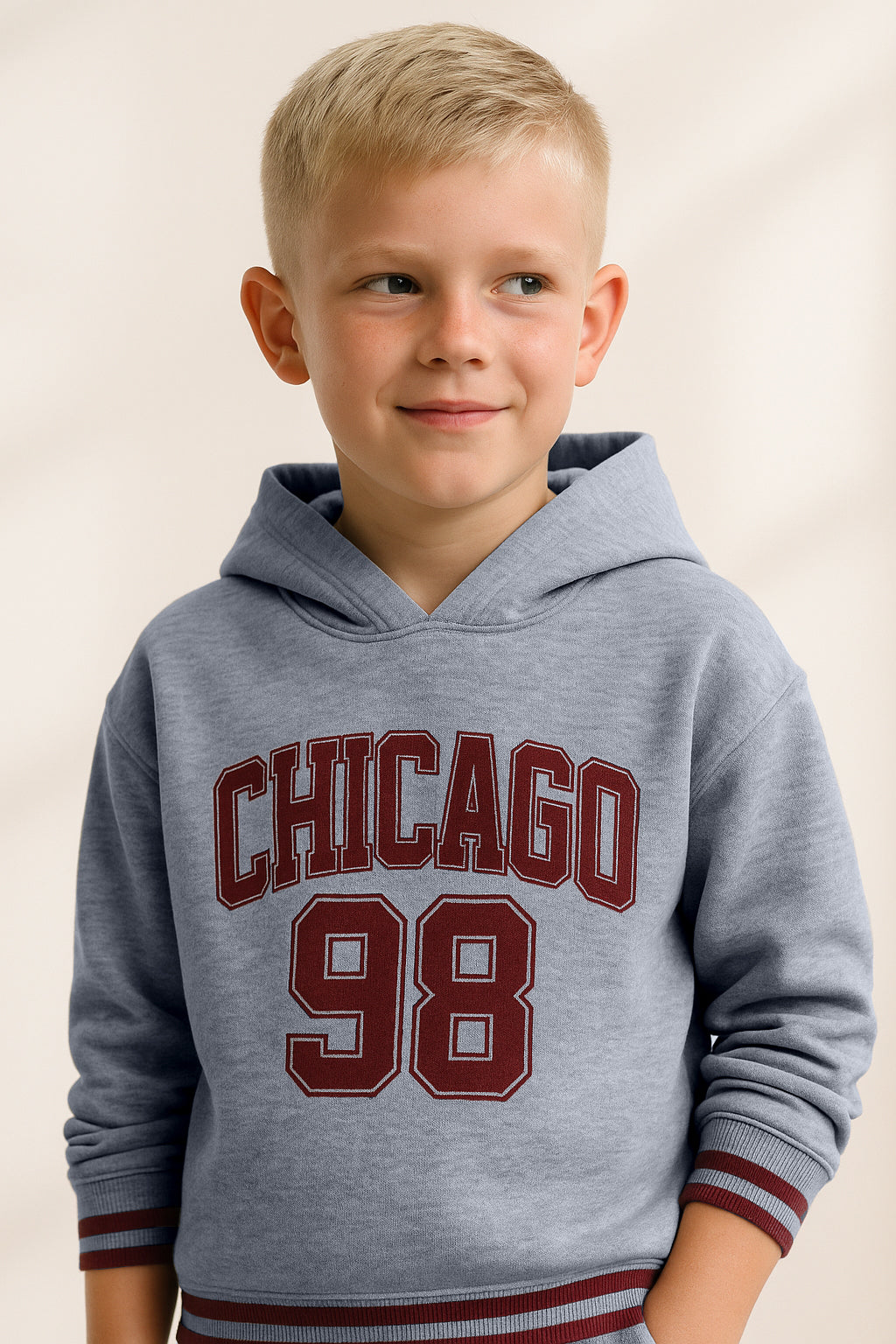Boys Chicago 98 Hoodie Fleece Tracksuit - Grey with Maroon Accents