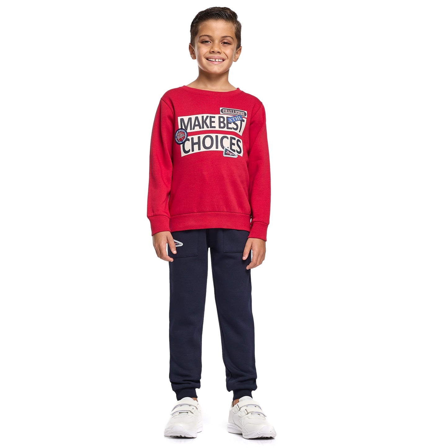 Boys' Red & Navy Winter Fleece Set – Sweatshirt & Jogger with "Make Best Choices" Print