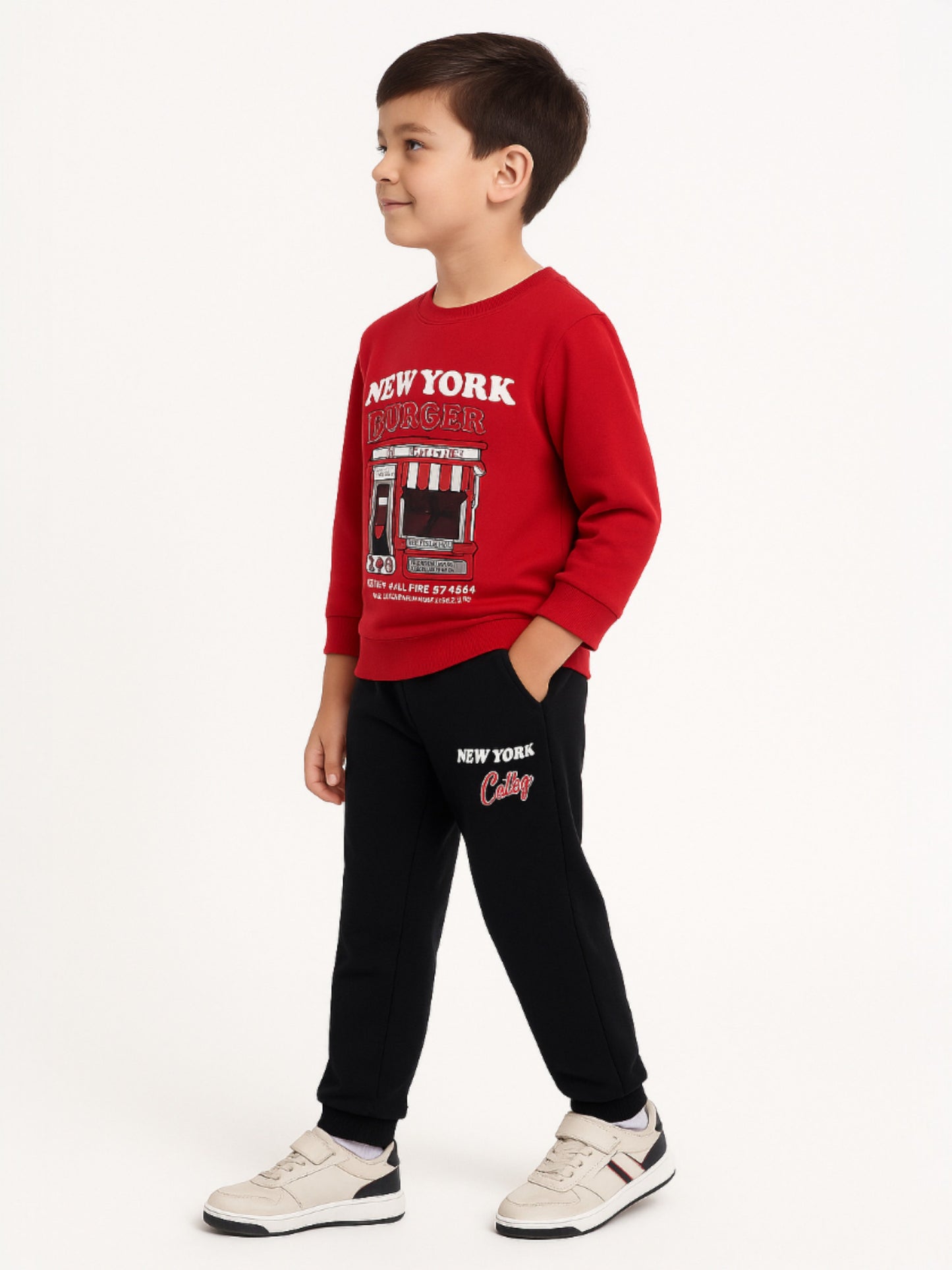 Boys’ Trendy Winter Tracksuit – Red Sweatshirt & Black Joggers with NYC Print