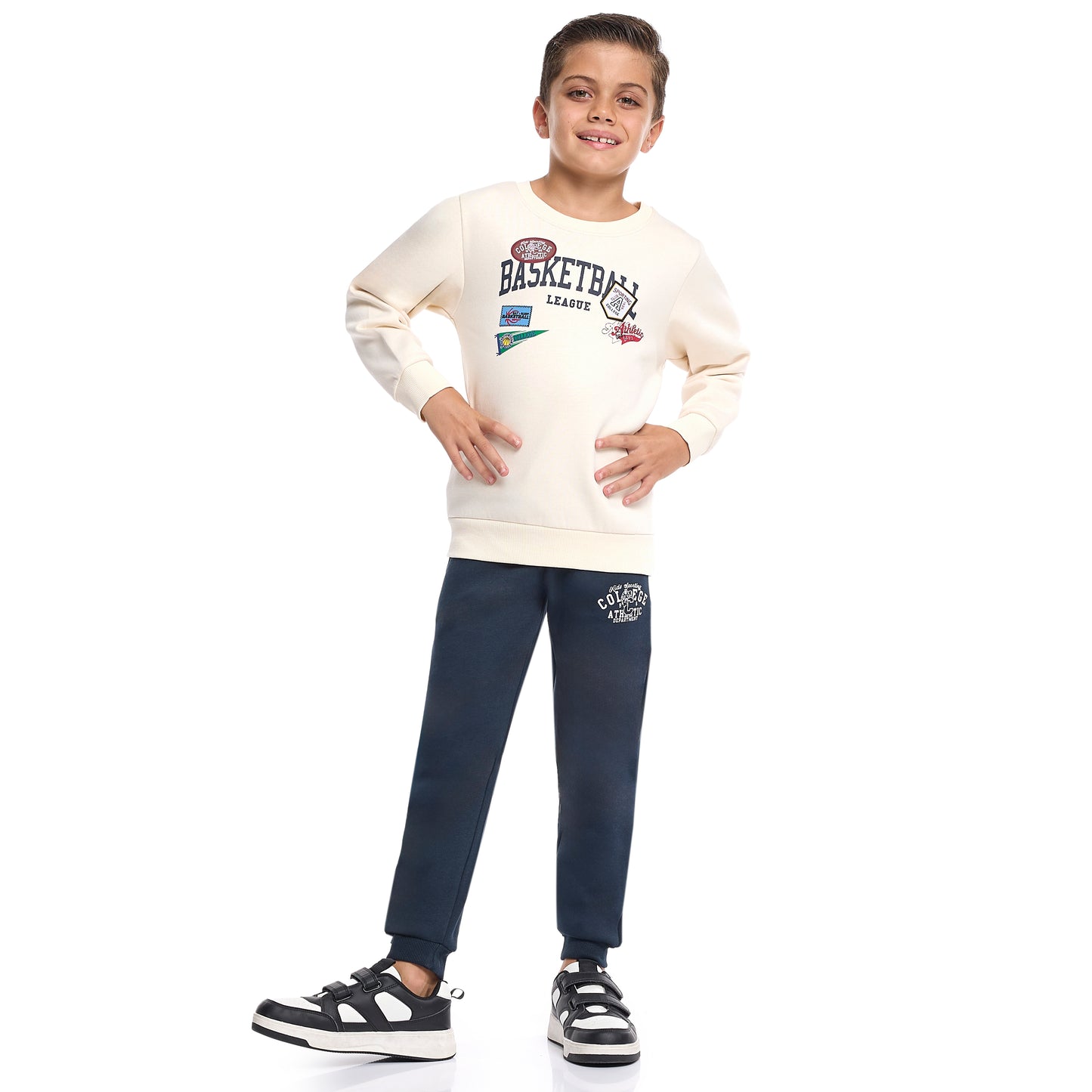 Boys’ Basketball League Fleece Set – Cream Sweatshirt & Navy Joggers