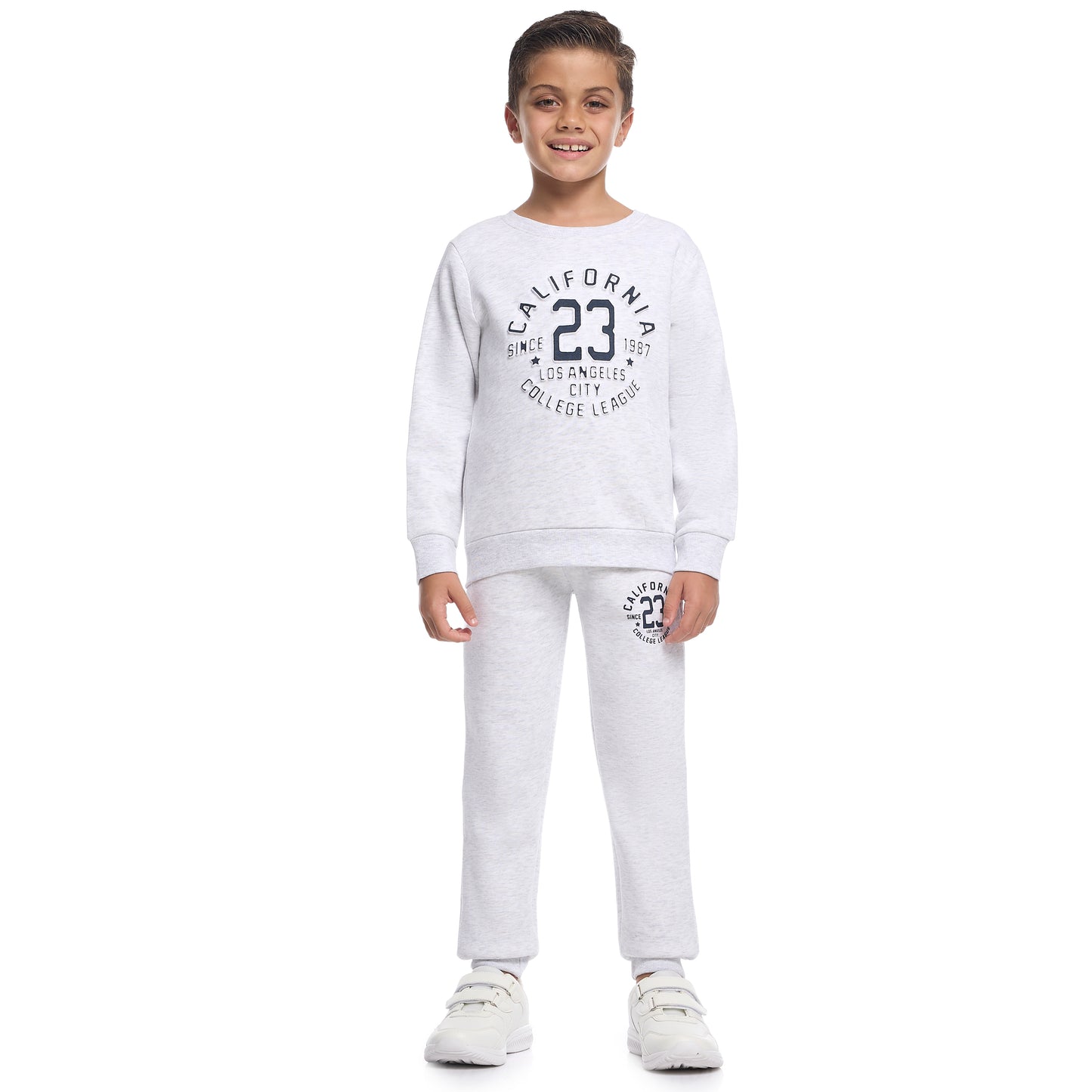Boys’ Trendy Winter Co-ord Set – California Print in Soft Grey Melange