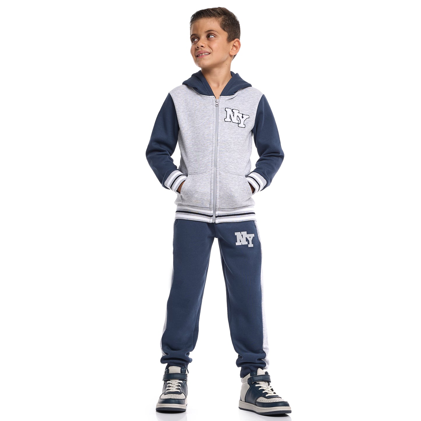 Boys’ Trendy NY Logo Tracksuit – Grey Zip up Hoodie & Navy Joggers Set