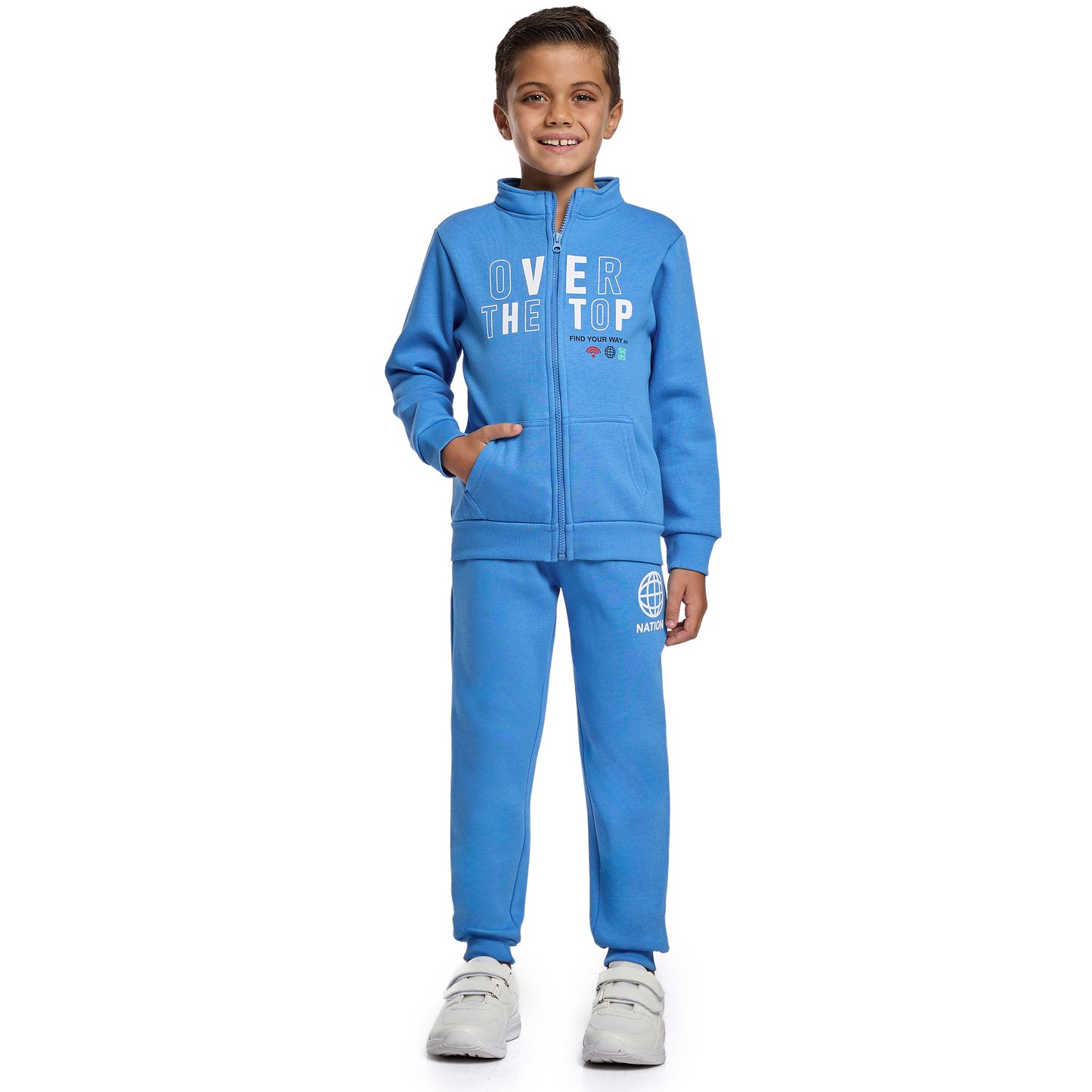 Boys Blue Zipper Jacket Set – “Over the Top” Print with High Neck & Pocket Joggers