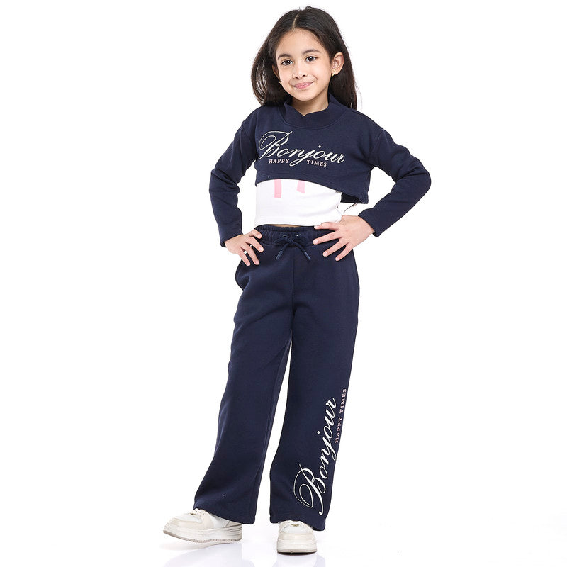 Junior Girls Bonjour 3-Piece Fleece Set – Navy & White