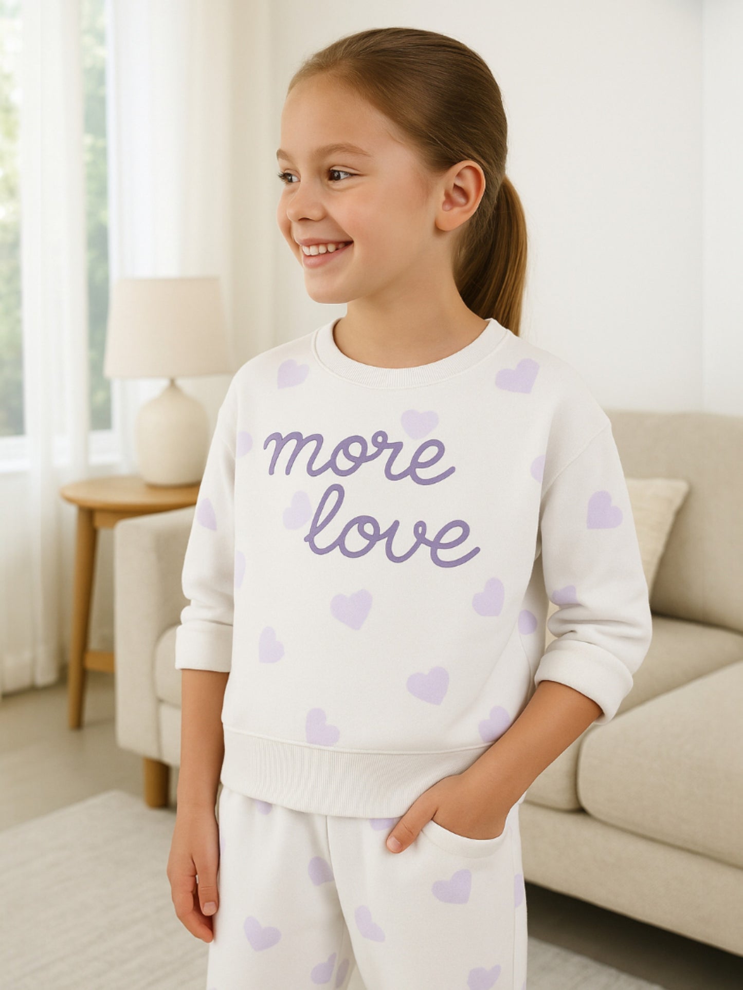 Girls More Love Heart-Print Fleece Tracksuit – Cream & Lavender 2-Piece Set