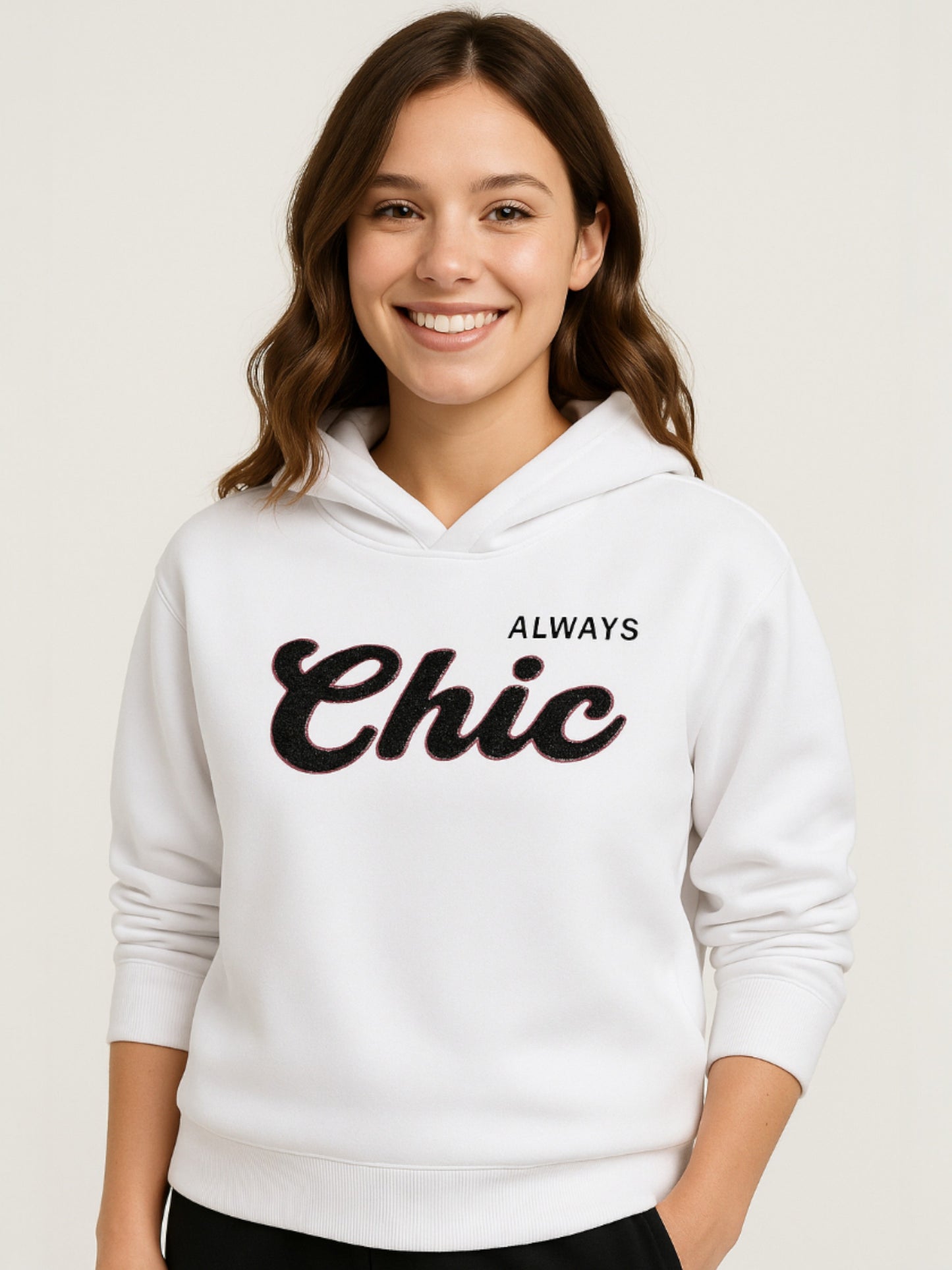 “Always Chic” Hoodie for Ladies – Off-White | 100% Cotton Fleece |