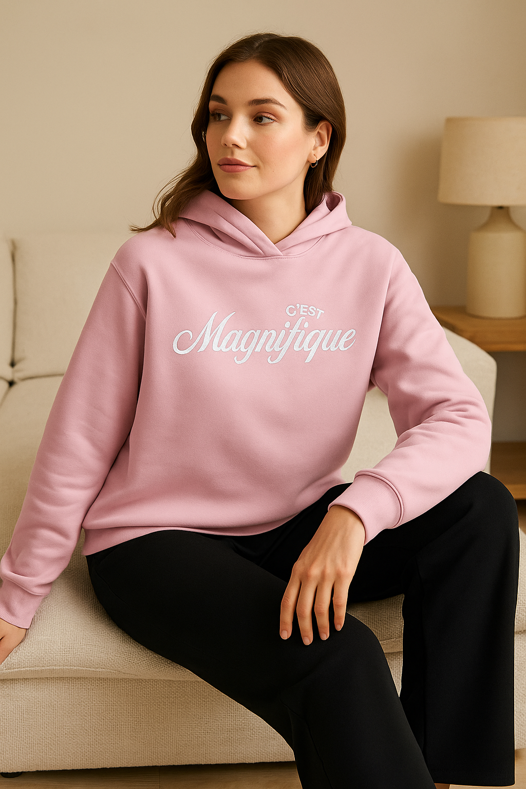 “C'est Magnifique” Graphic Hoodie for Ladies – Blush Pink | 100% Cotton Fleece |
