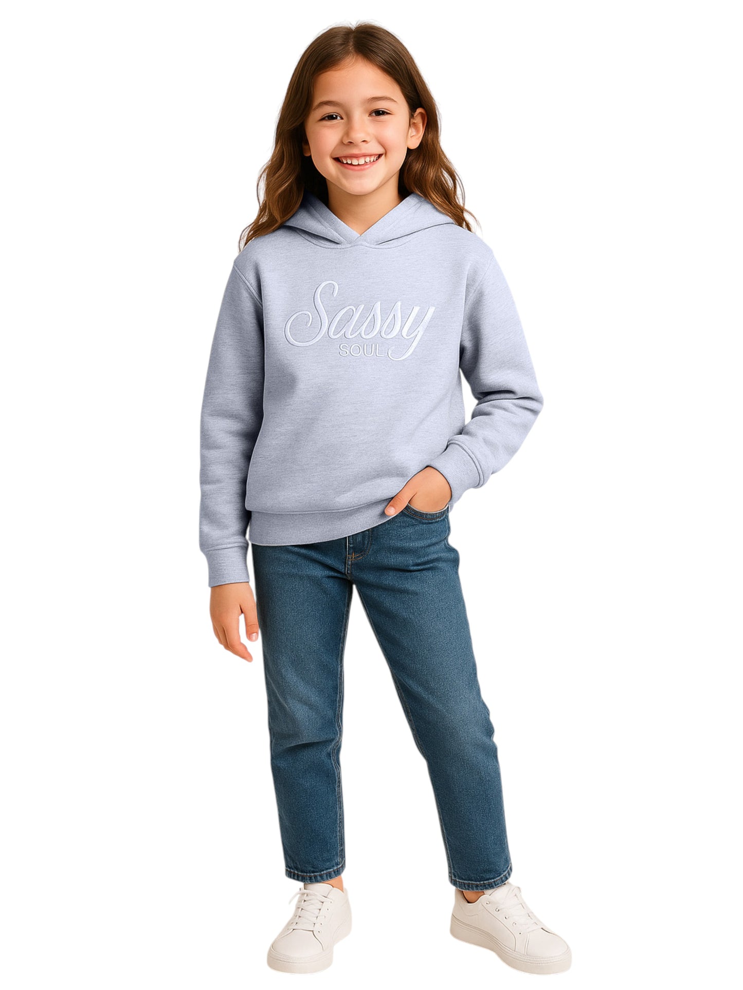 “Sassy Soul” Girls' Graphic Hoodie – Heather Grey | 100% Cotton Fleece |