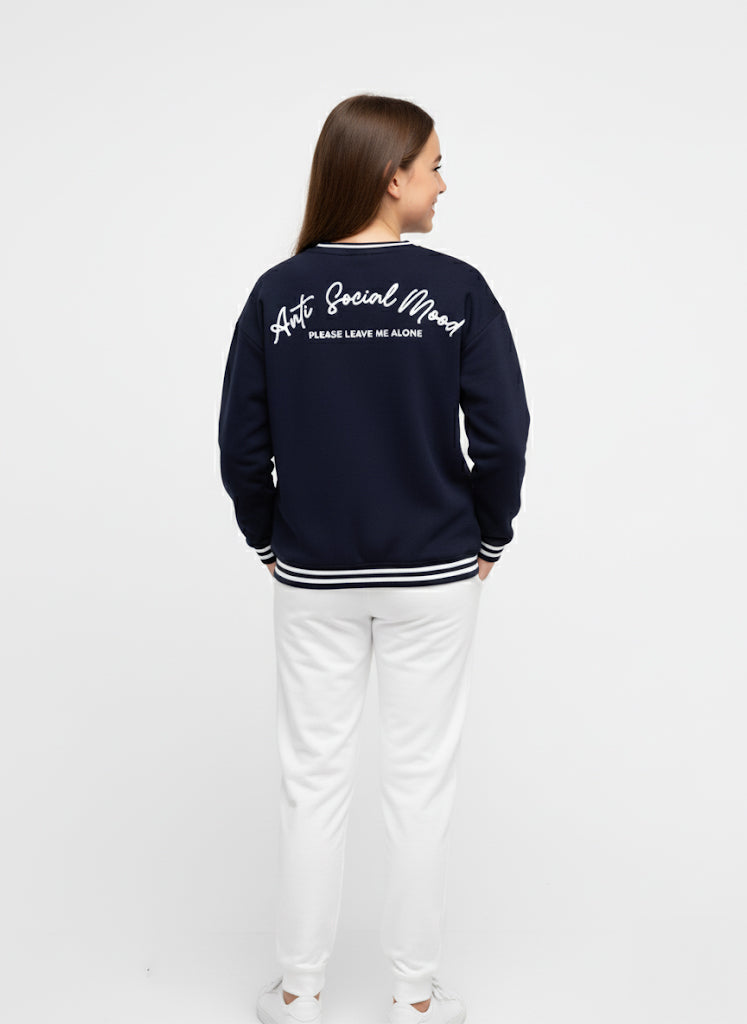 V-Neck "Anti Social Mood" Sweatshirt – Navy | 100% Cotton Fleece |
