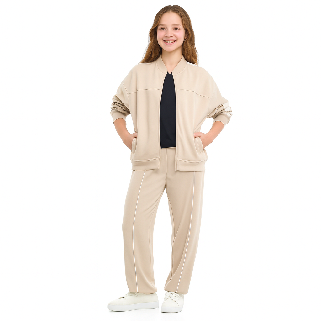 Girls’ Beige Contrast-Stripe Track Set – Zip-Up Jacket & Joggers