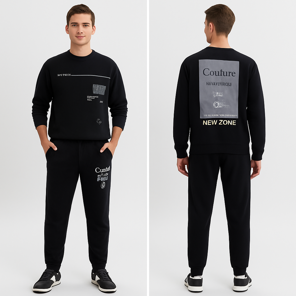Boys Black Sweatshirt & Jogger Set with Printed Patch Design