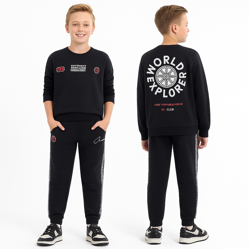 Kids Black Pullover Hoodie & Joggers Set with “World Explorer” Logo
